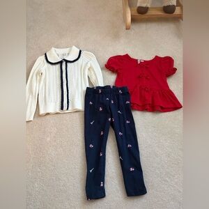 Janie and Jack 3 Piece Outfit – Red Top, Cream Cardigan & Navy Printed Leggings